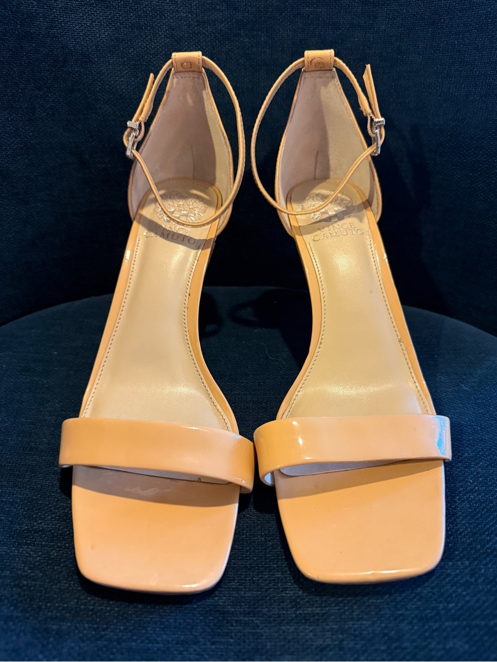 Vince Camuto Patent Beige Ankle-Strap Block Heel Sandals